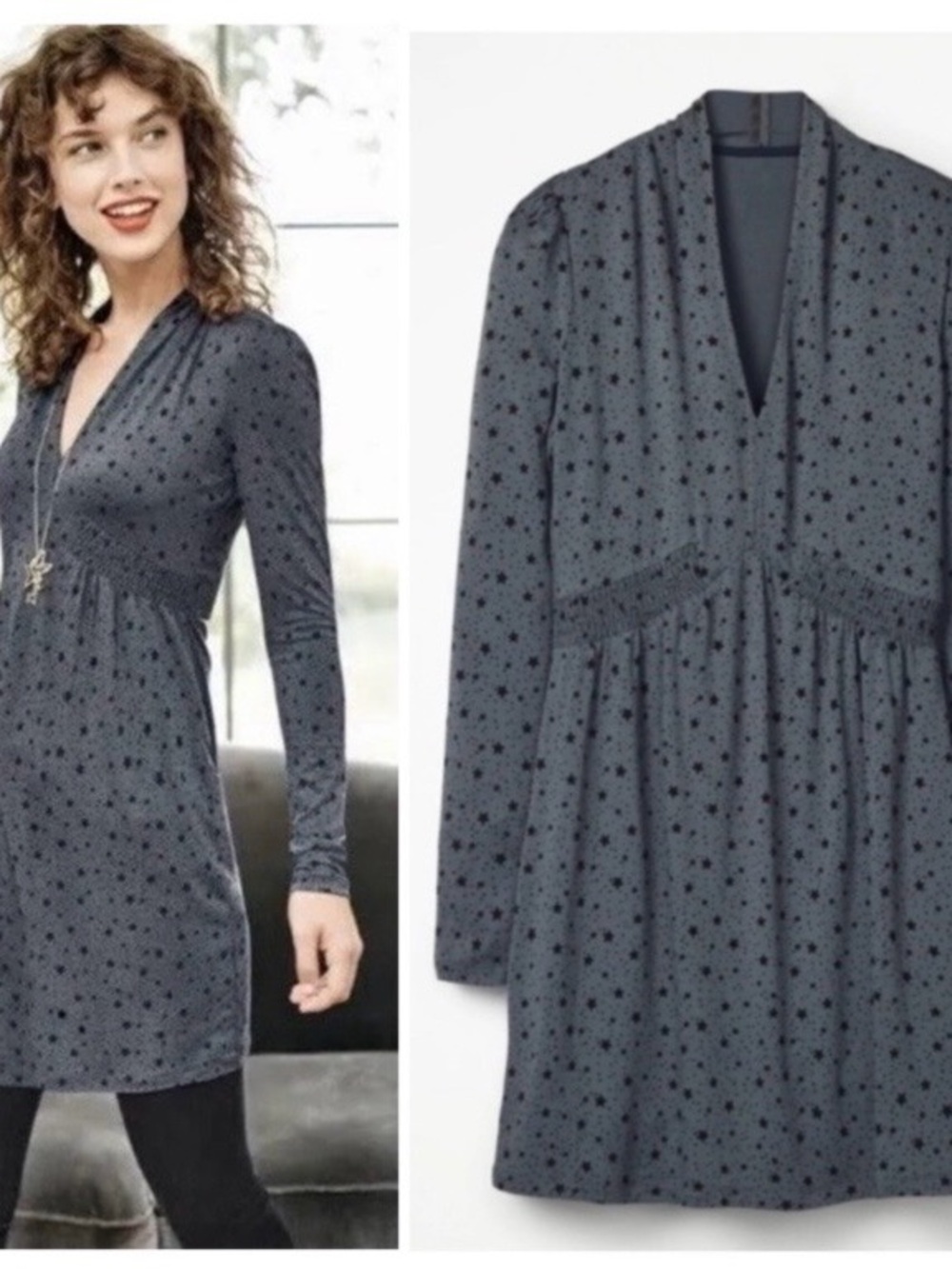 Boden Betty Tunic Gray Star-Print Long-Sleeve V-Neck  mini Dress